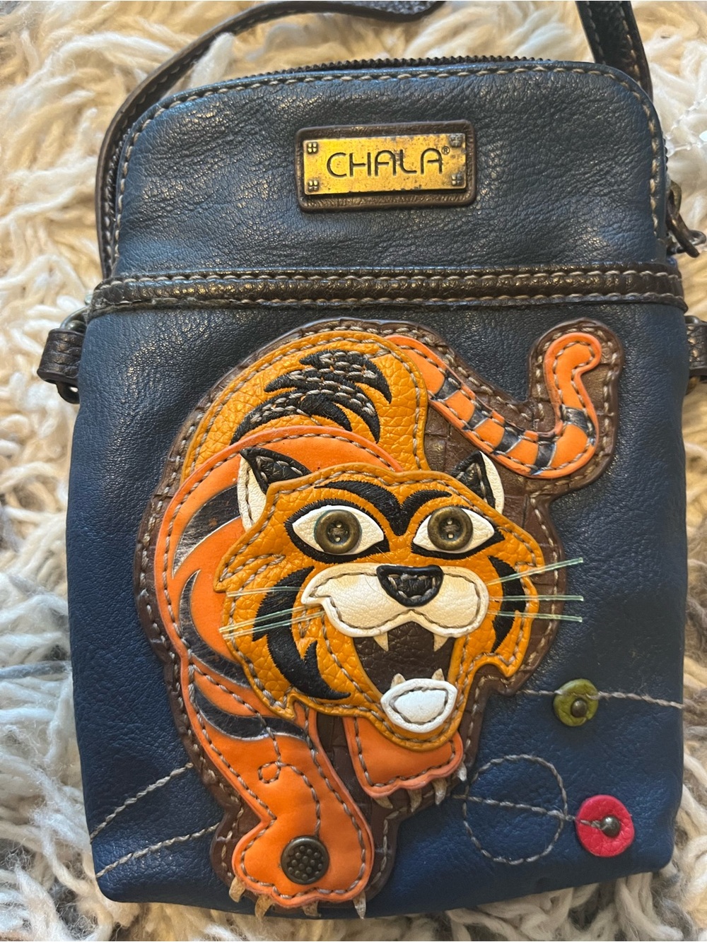 Chala Navy Leather Belt Bag with Orange Tiger Applique phone crossbody purse